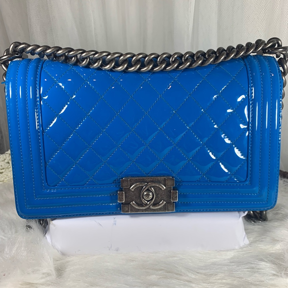 Chanel Blue Patent Leather Old Medium Boy Bag